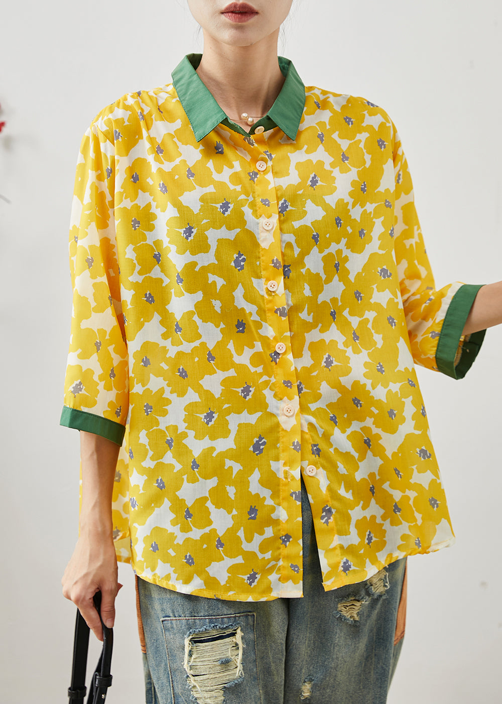 Style Yellow Oversized Print Linen Shirt Tops Bracelet Sleeve AP1076