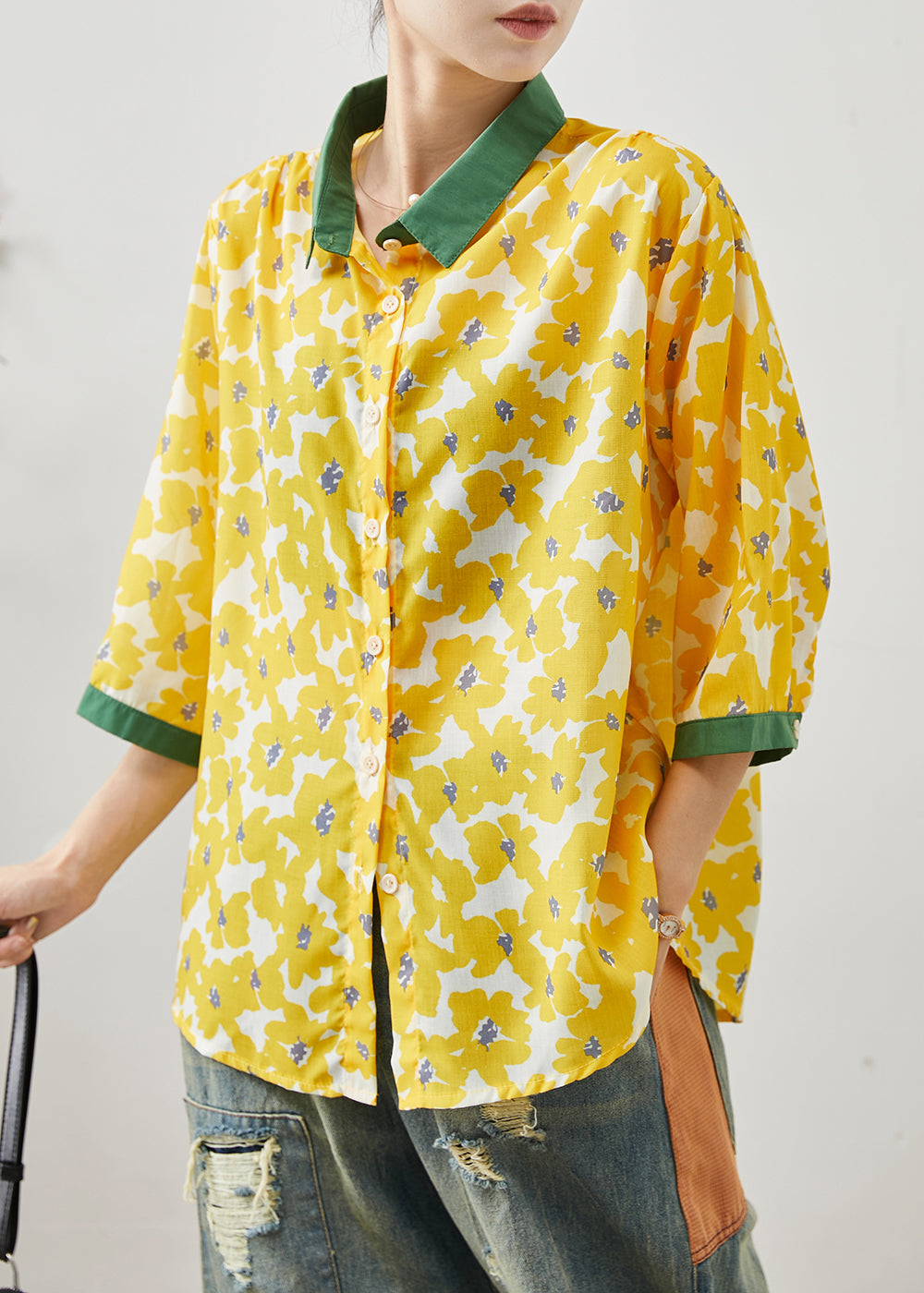 Style Yellow Oversized Print Linen Shirt Tops Bracelet Sleeve AP1076