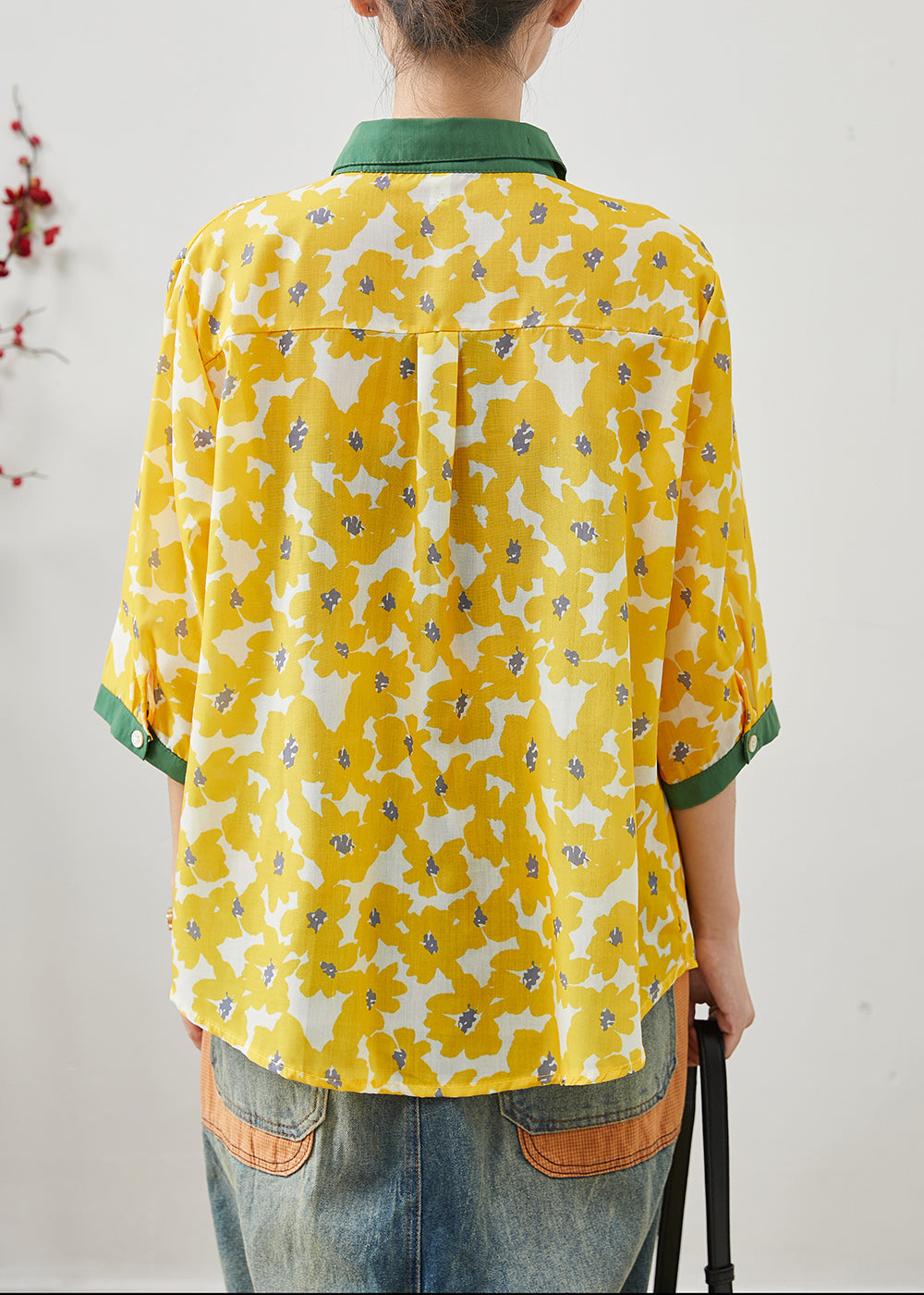 Style Yellow Oversized Print Linen Shirt Tops Bracelet Sleeve AP1076