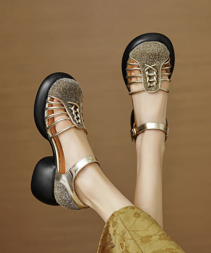 Hollow Stylish Apricot Out Chunky Heel Sandals Splicing
