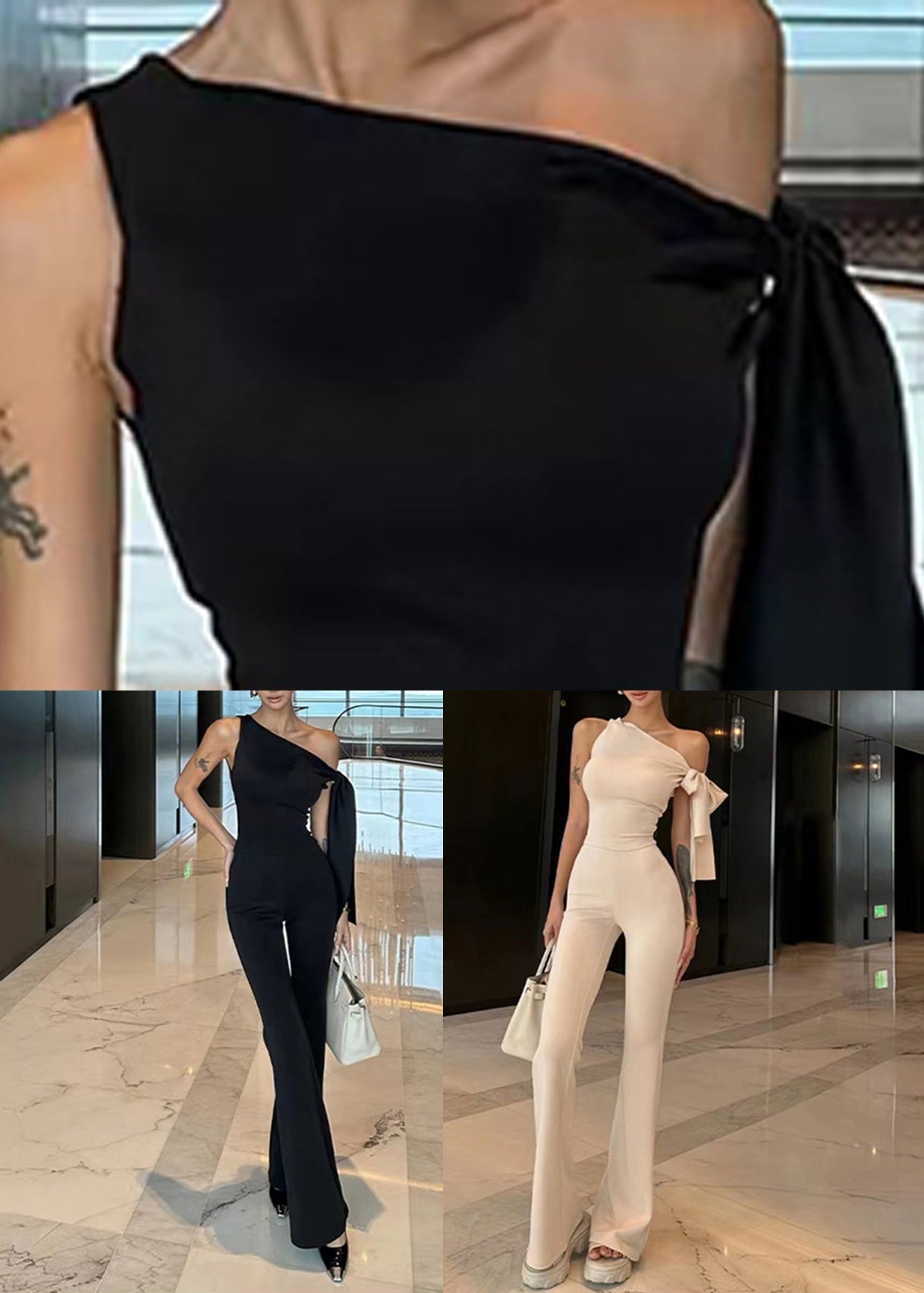 Pantalon Une Épaule Tricotée Élégant Haut Évasé Deux Abricot Et