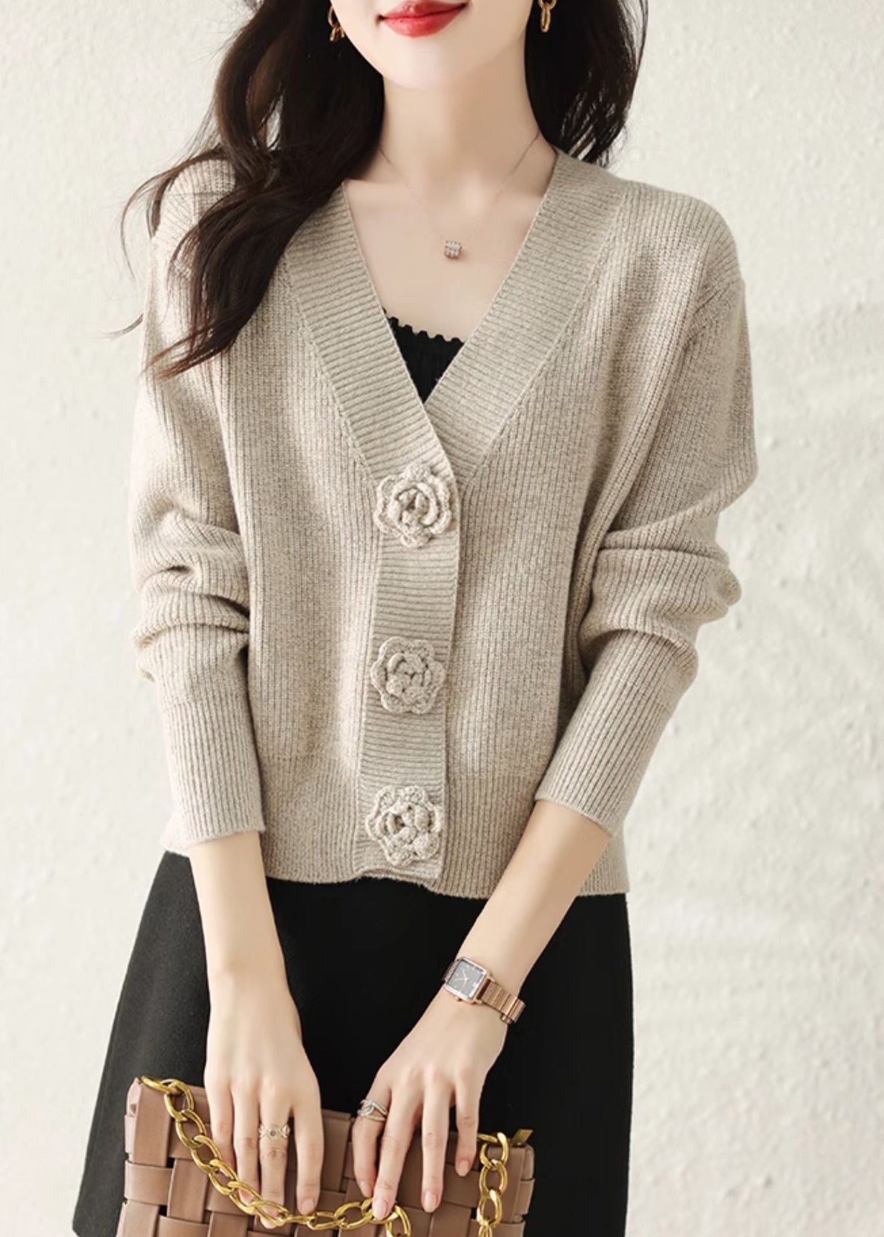 Stylish Apricot V Neck Button Knit Cardigans Fall QG007