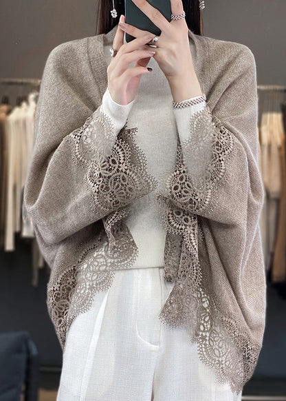 Stilvolle Beige Aushöhlen Spitze Patchwork Woll Strickjacken Herbst RL011