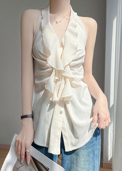 Button Sleeveless Beige Ruffled Shirts Stylish Cotton