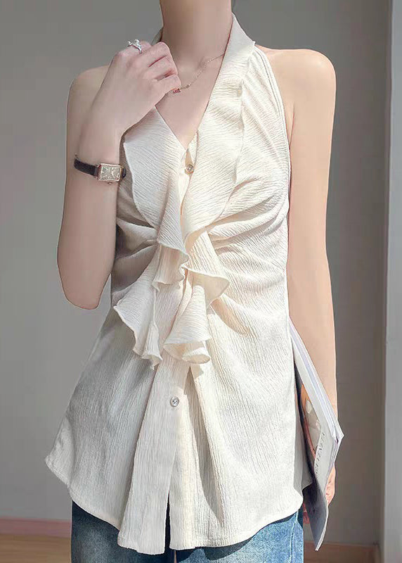Button Sleeveless Beige Ruffled Shirts Stylish Cotton