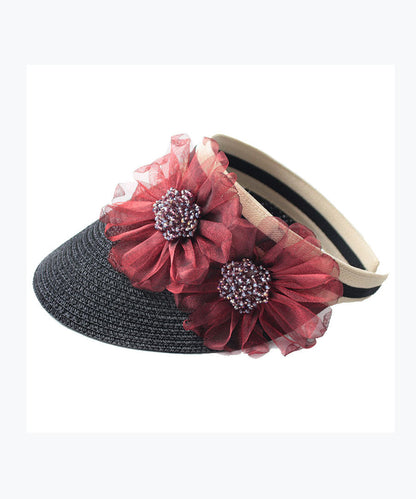 Chapeau pare-soleil élégant en tulle beige avec haut vide et fleur pour l'été YU1026