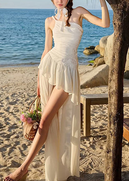 Chiffon Low Design Spaghetti High Strap Beige Stilvolle Falten