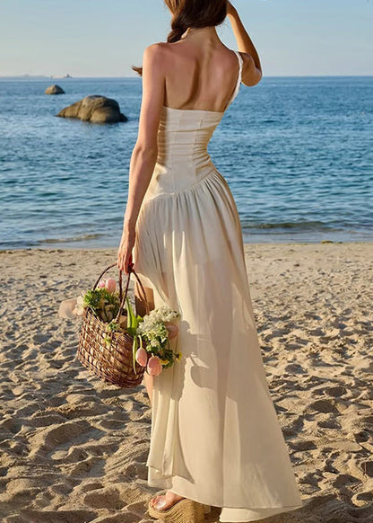 Chiffon Low Design Spaghetti High Strap Beige Stilvolle Falten