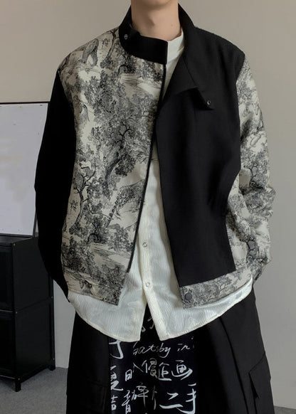 Stylish Black Asymmetrical Print Cotton Men Coat Fall RO020