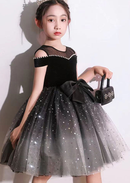 Robe de soirée élégante à manches courtes en tulle et perles pour enfants, avec nœud noir, EW006