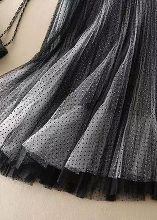 Stylish Black Dot Print Wrinkled Tulle Skirt Summer QQ1040