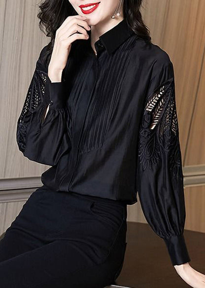 Stylish Black Embroidered Hollow Out Shirt Puff Sleeve TE026