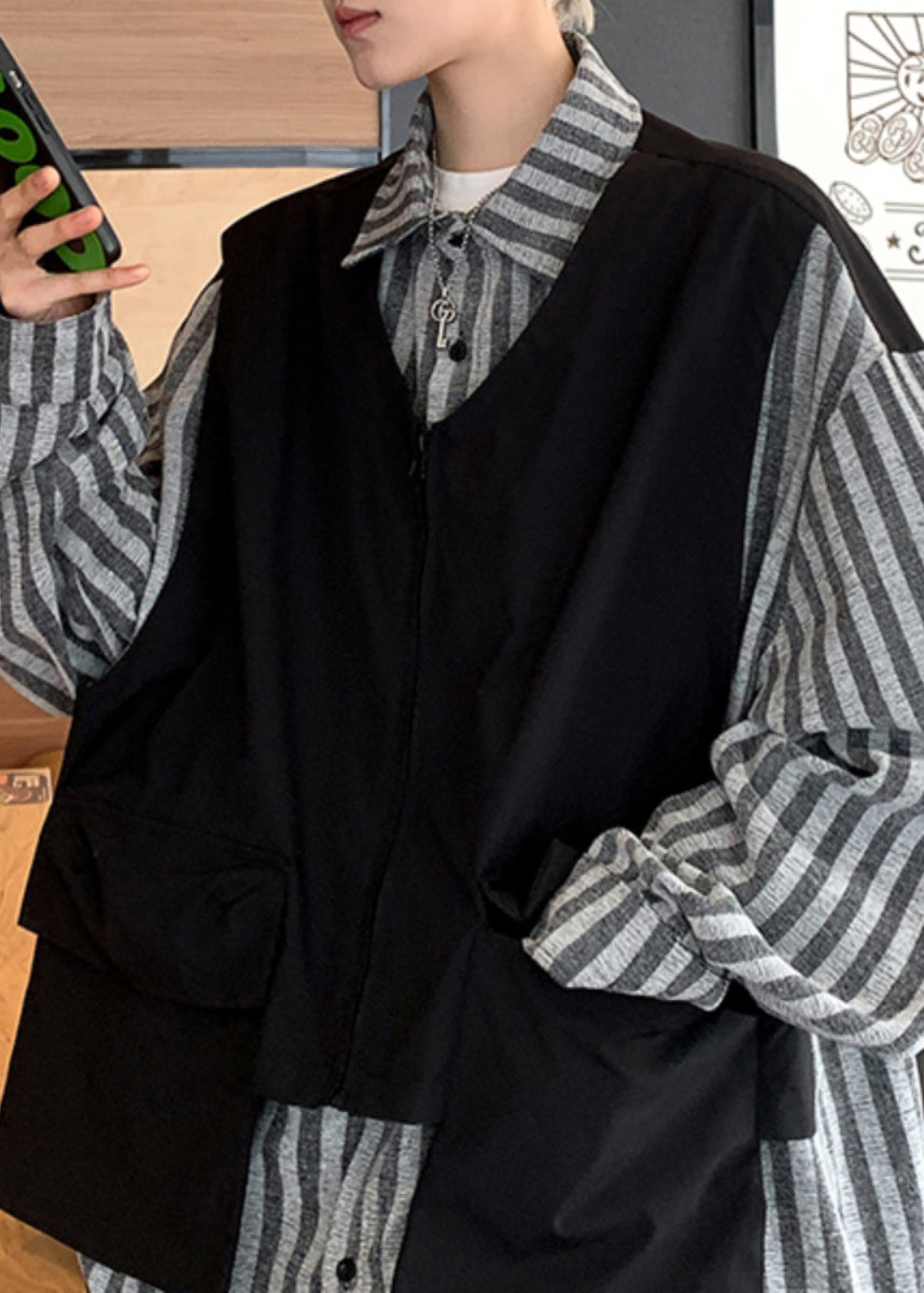 Ensemble deux pièces élégant en coton noir pour homme, style patchwork, décontracté, automne EQ010