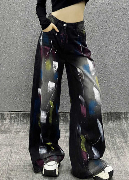 Pantalon large en denim taille haute à imprimé graffiti noir élégant pour l'automne WP049