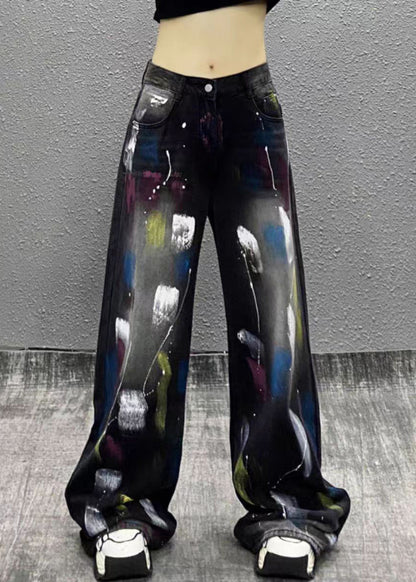 Pantalon large en denim taille haute à imprimé graffiti noir élégant pour l'automne WP049