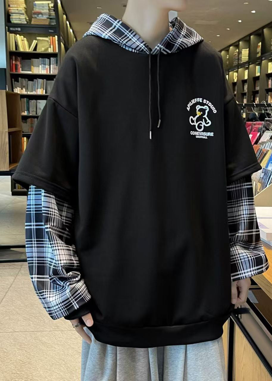 Sweat-shirts de printemps patchwork à capuche élégants pour hommes en coton noir