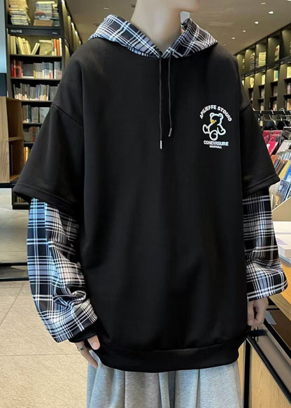 Sweat-shirts de printemps patchwork à capuche élégants pour hommes en coton noir