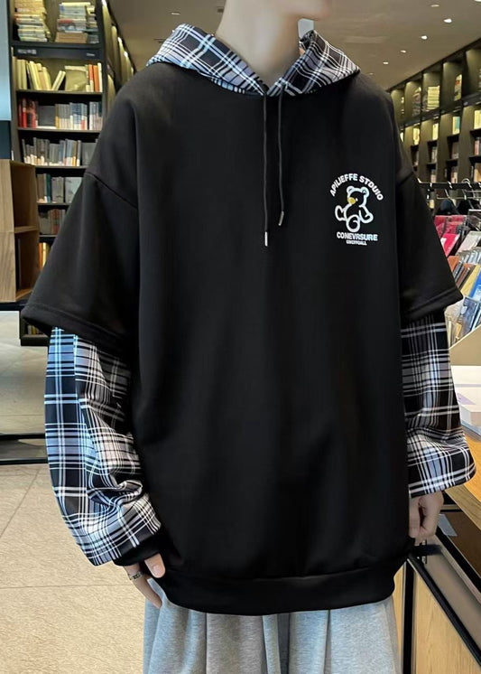 Sweat-shirts de printemps patchwork à capuche élégants pour hommes en coton noir