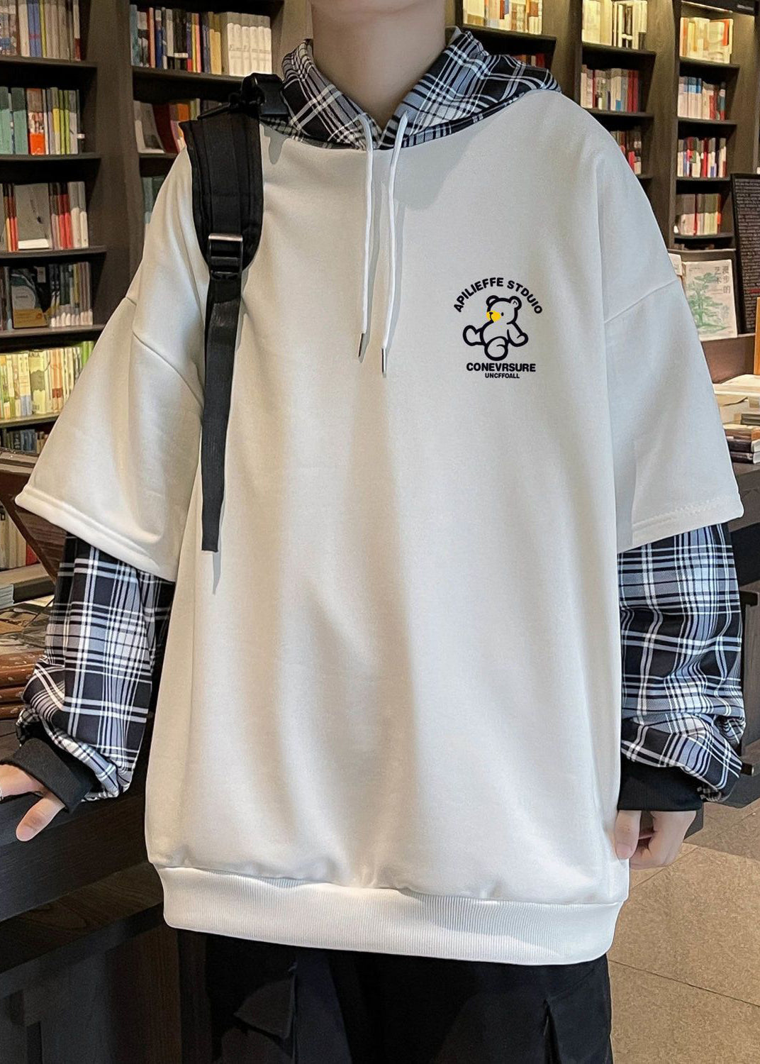 Sweat-shirts de printemps patchwork à capuche élégants pour hommes en coton noir