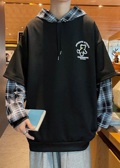Sweat-shirts de printemps patchwork à capuche élégants pour hommes en coton noir
