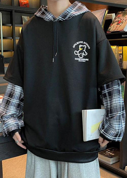 Sweat-shirts de printemps patchwork à capuche élégants pour hommes en coton noir