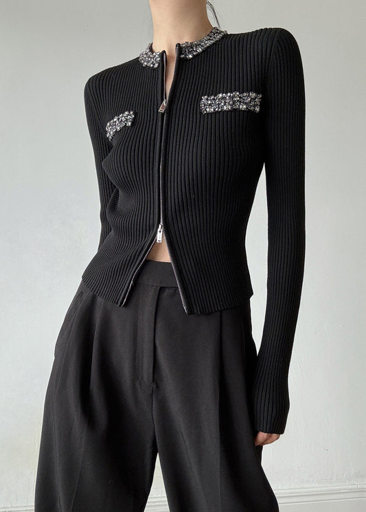Stilvolle schwarze O-Ausschnitt Zip Up Zirkon Wolle Strickjacken Frühling TY003