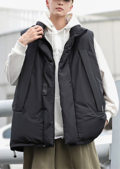 Stilvolle schwarze übergroße Pufferweste mit Kordelzug und feiner Baumwollefüllung für Herren im Winter TK023