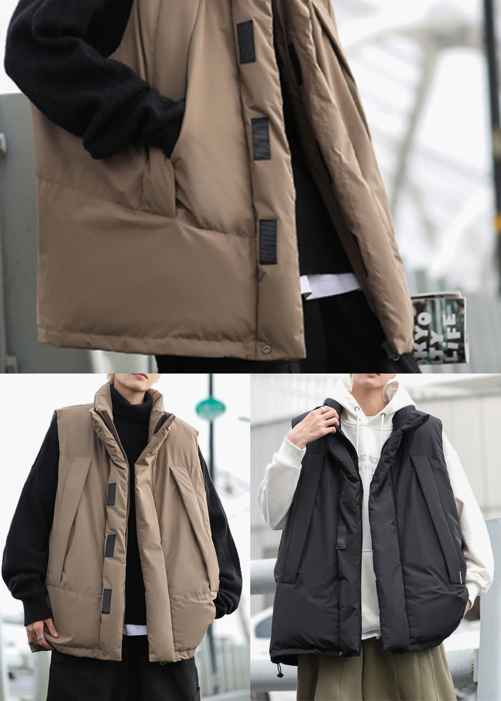 Stilvolle schwarze übergroße Pufferweste mit Kordelzug und feiner Baumwollefüllung für Herren im Winter TK023