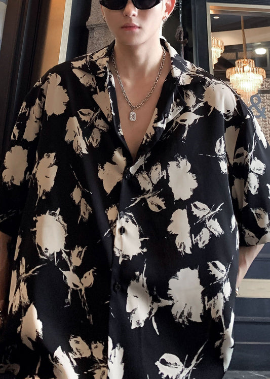 Chemises noires élégantes à col Peter et boutons en coton pour hommes