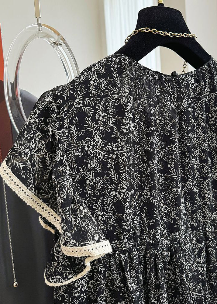 Débardeurs en mousseline de soie imprimé papillon noir à manches élégantes