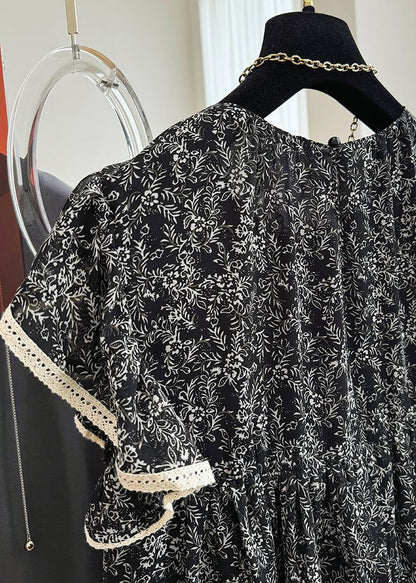 Débardeurs en mousseline de soie imprimé papillon noir à manches élégantes