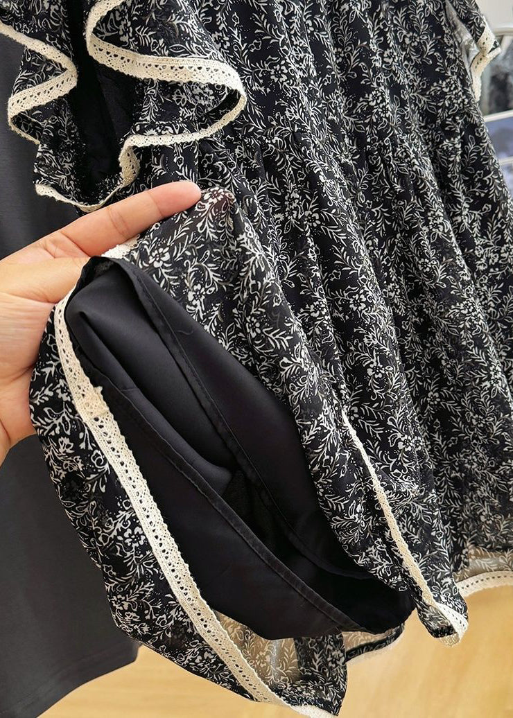 Débardeurs en mousseline de soie imprimé papillon noir à manches élégantes