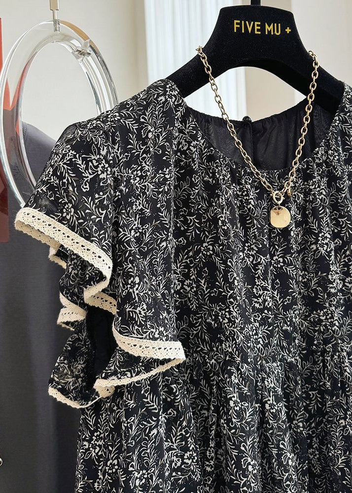 Débardeurs en mousseline de soie imprimé papillon noir à manches élégantes