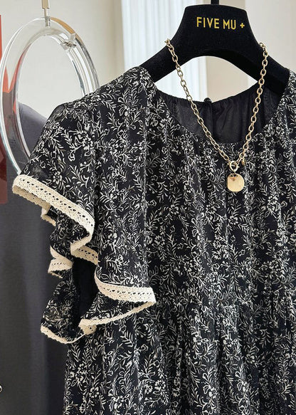 Débardeurs en mousseline de soie imprimé papillon noir à manches élégantes