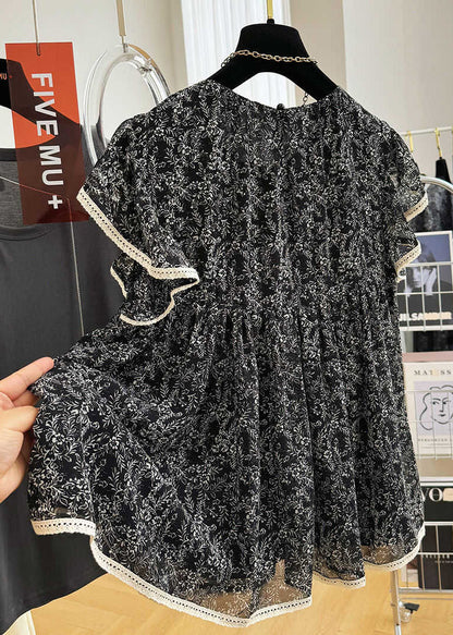 Débardeurs en mousseline de soie imprimé papillon noir à manches élégantes