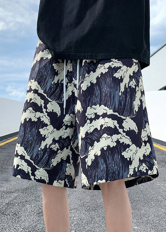 Short d'été noir en soie à imprimé élégant pour homme, taille élastique