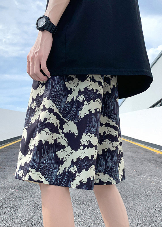 Short d'été noir en soie à imprimé élégant pour homme, taille élastique