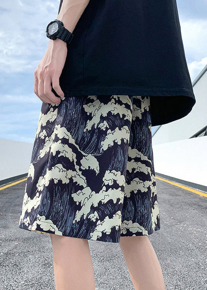 Short d'été noir en soie à imprimé élégant pour homme, taille élastique