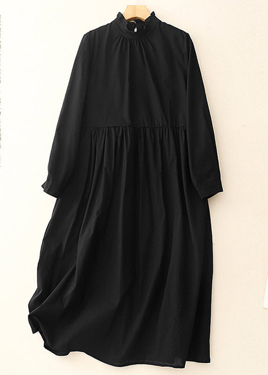 Schwarzes Kleid Baumwolle Lang Stilvoll Rüschen Frühling