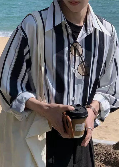 Männer Gestreiften Frühling Baumwolle Taste Schwarz Shirts