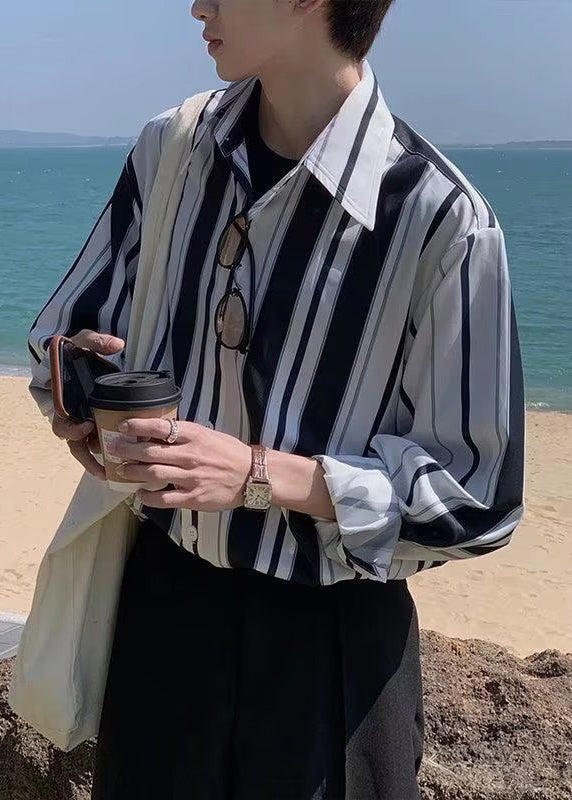 Männer Gestreiften Frühling Baumwolle Taste Schwarz Shirts