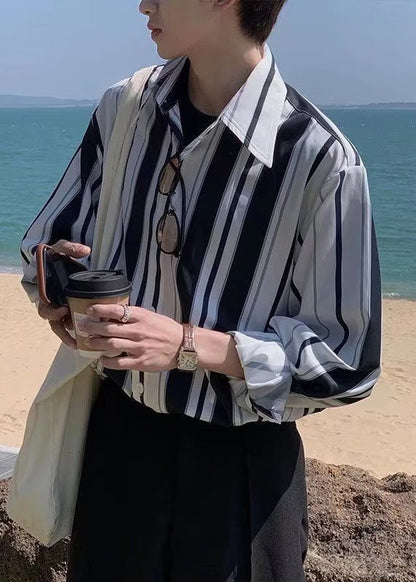 Männer Gestreiften Frühling Baumwolle Taste Schwarz Shirts