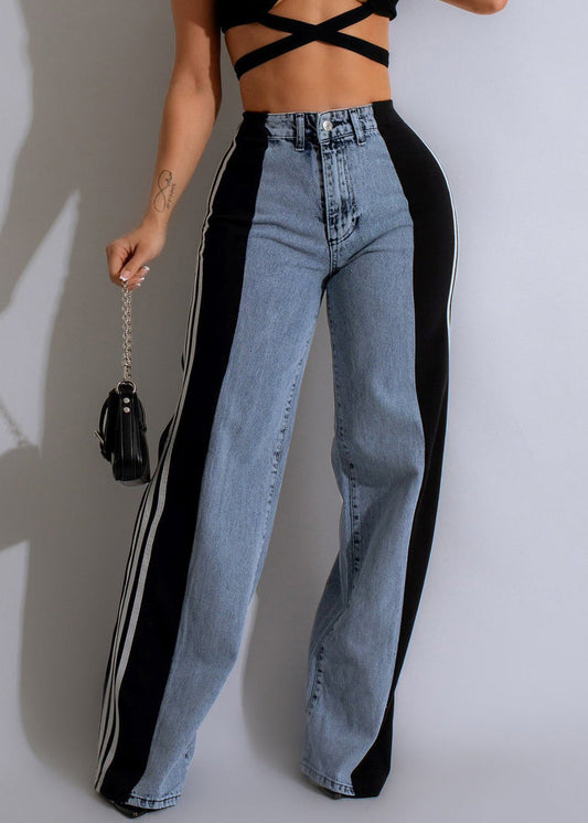 Pantalon rayé noir élégant en denim patchwork printanier