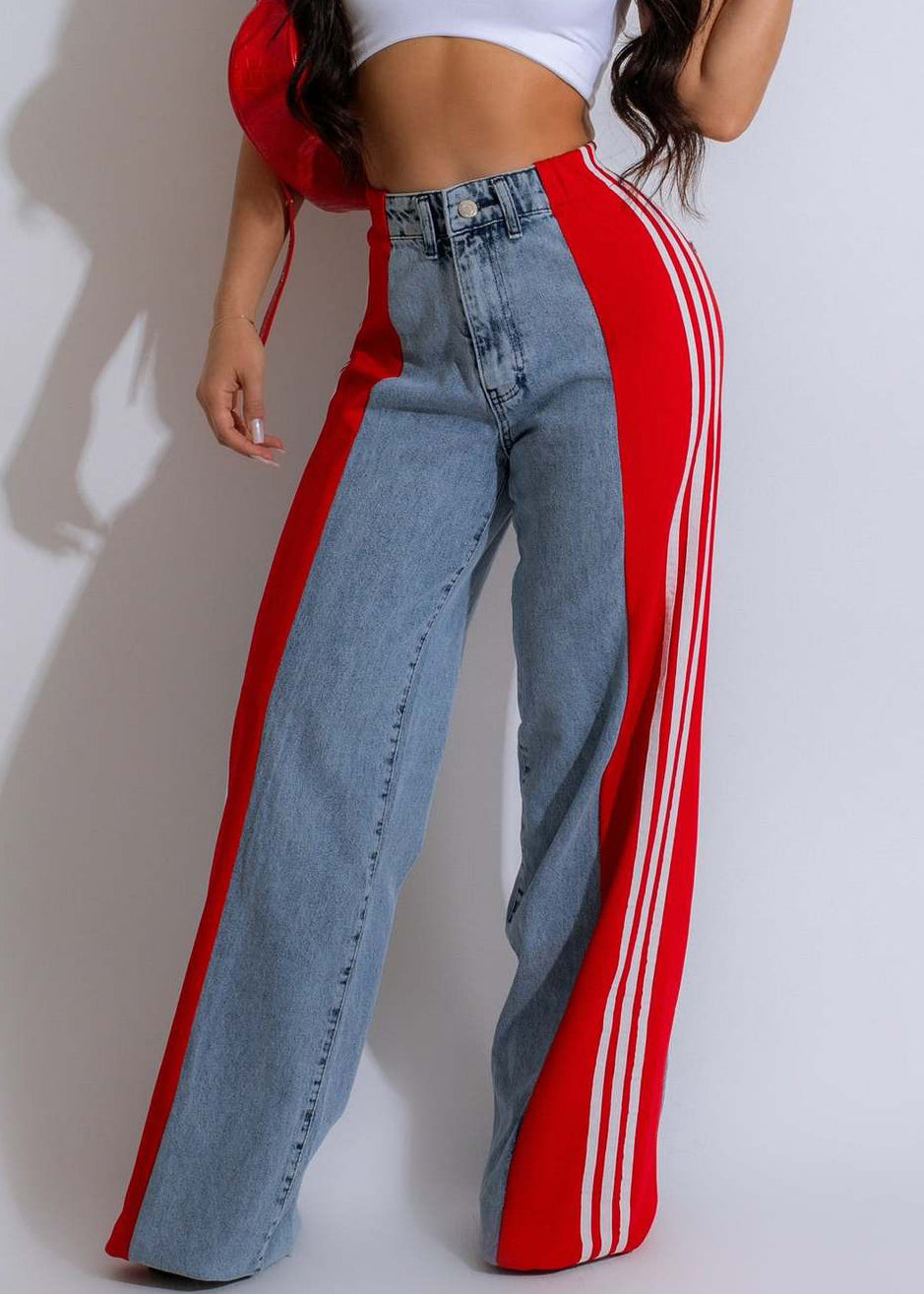 Pantalon rayé noir élégant en denim patchwork printanier
