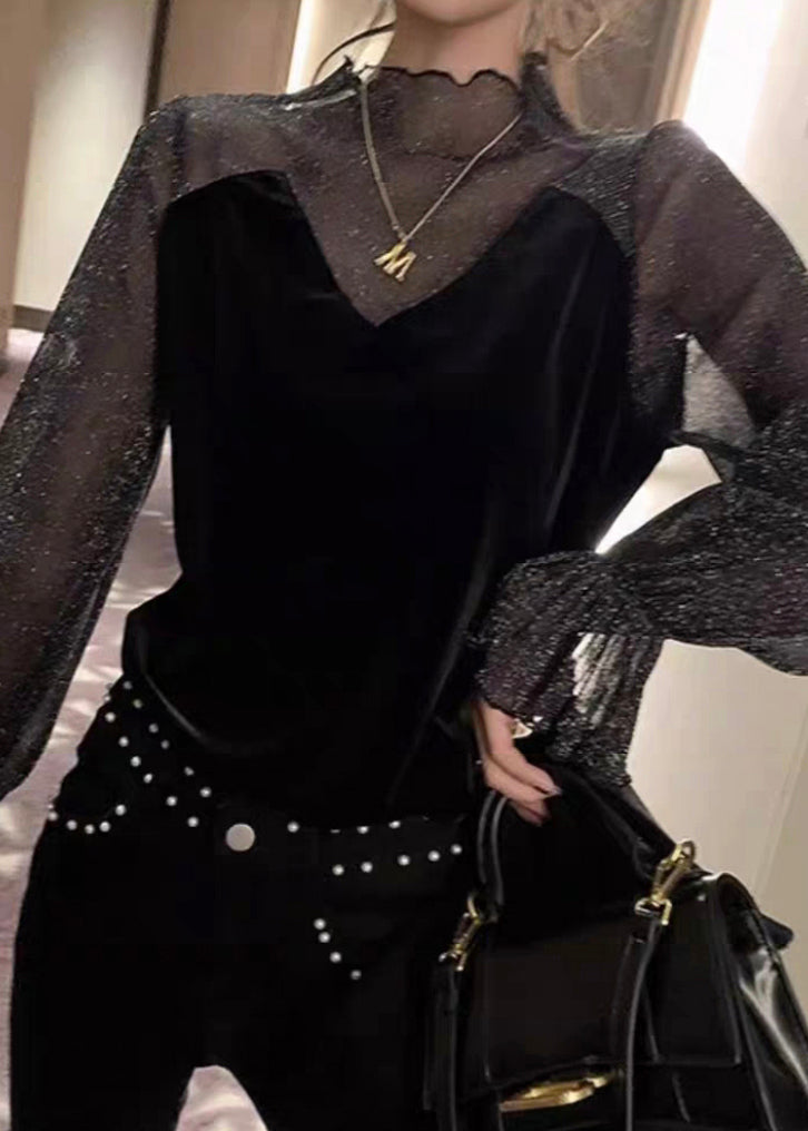 Stylish Black Tulle Patchwork Silk Velour Blouses Flare Sleeve WM020