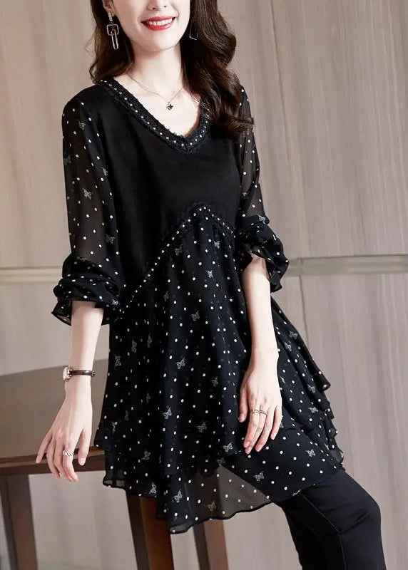 Black Print Stylish Dot V Neck Flare Chiffon Shirt Patchwork