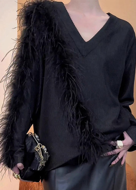 Pulls en maille patchwork noirs élégants à col en V pour l'hiver RS042