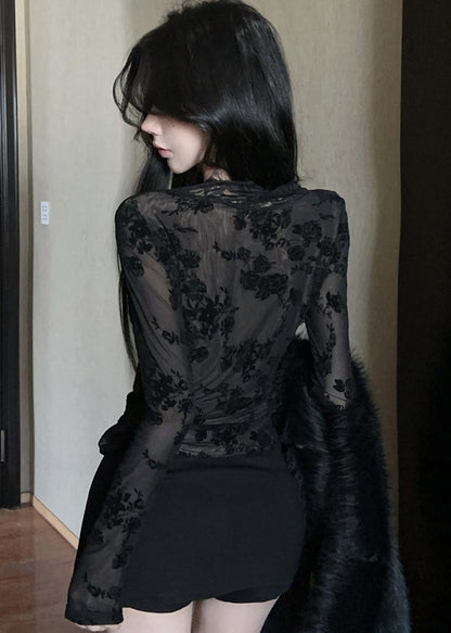 Stilvolle schwarze V-Ausschnitt transparente Spitzentops Frühling YP017