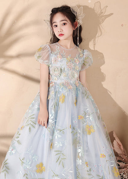 Robe longue élégante en tulle bleu brodé en patchwork pour filles, été QV025