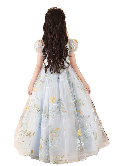 Robe longue élégante en tulle bleu brodé en patchwork pour filles, été QV025